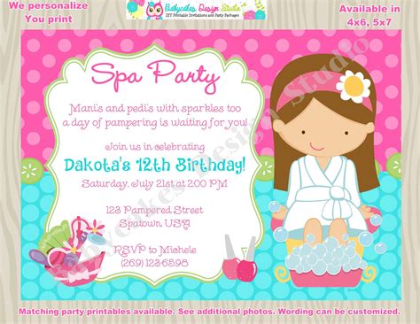 Spa party invitation spa birthday invitation invite spa day