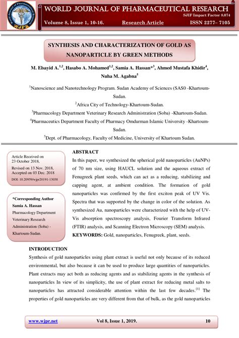 (PDF) Synthesis and Characterization of Gold as Nanoparticle by Green ...