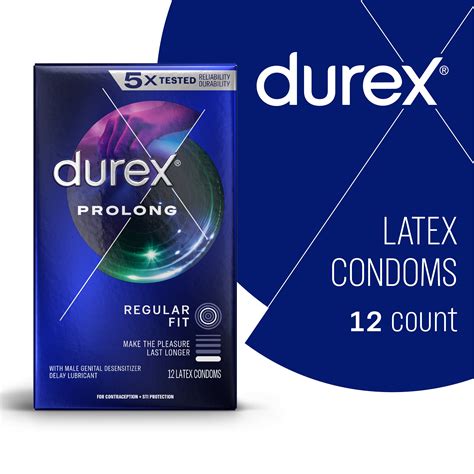 Durex Condom Prolong Natural Latex Condoms, 12 Count - Ultra Fine, ribbed and dotted with delay ...