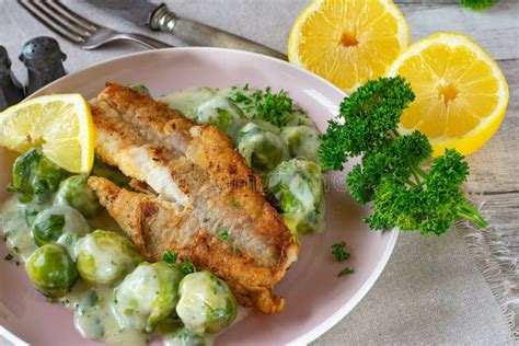 Pan Fried Fish Fillet with Brussels Sprouts and Sauce Stock Image - Image of dinner, life: 217905589