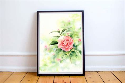 Camellia Spring Blooms Evergreen Painting. Pink Flower Watercolor Art Print. Floral Theme Garden ...