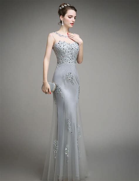 Beaded Fit Silver Evening Gowns Tulle Overlay Long Formal Dress Evening ...