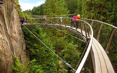 people walking across a suspension bridge over a canyon