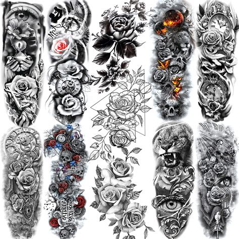 11 Sheets NEZAR Sexy Big Rose Flower Full Arm Temporary Tattoos For ...