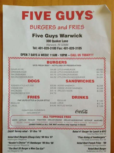 Menu at Five Guys fast food, Warwick, 300 Quaker Ln