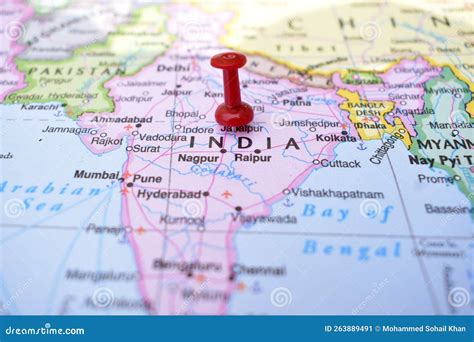 Red Push Pin Pointing India on Location of World Map Close-Up View Stock Image - Image of design ...