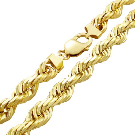 Nuragold 14k Yellow Gold 10mm Solid Rope Chain Diamond Cut Necklace, Mens Jewelry with Lobster ...