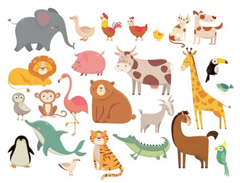 Premium Vector | Cartoon animals. cute elephant and lion, giraffe and crocodile, cow and chicken ...