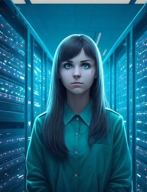 Premium AI Image | Young woman in server room dark background ai generated