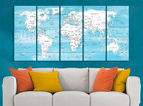 World Map Canvas World Map Decor White Blue Map Large World - Etsy