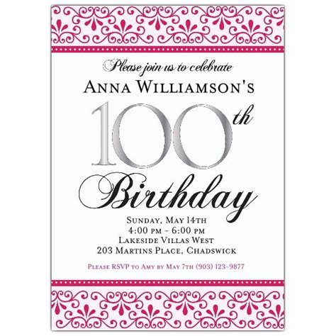 Pink Scroll 100th Birthday Invitations | Birthday invitation templates, Birthday invitations ...