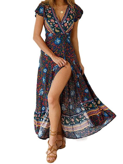 FOCUSNORM - FOCUSNORM Women's Summer Short Sleeve Floral Print Maxi Dress Bohemian Beach Waist ...