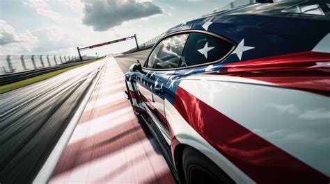 American flag racing car, patriotic car design, race track speed blur ...