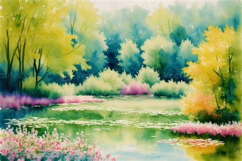 Tranquil Summer Scenery. A Watercolor Painting of Park, Lake, field and River. Generative AI ...