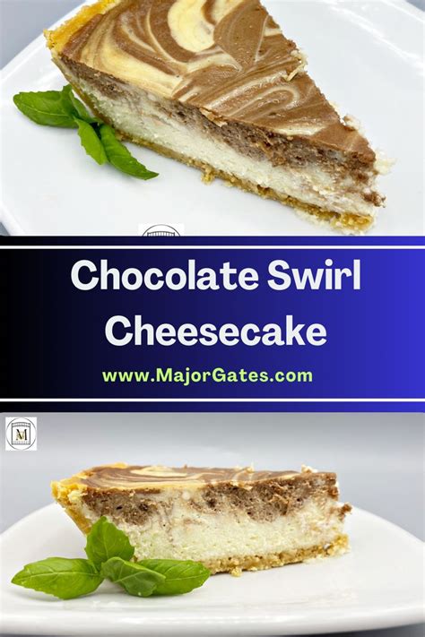 chocolate swirl cheesecake on a white plate with mint garnish and text ...