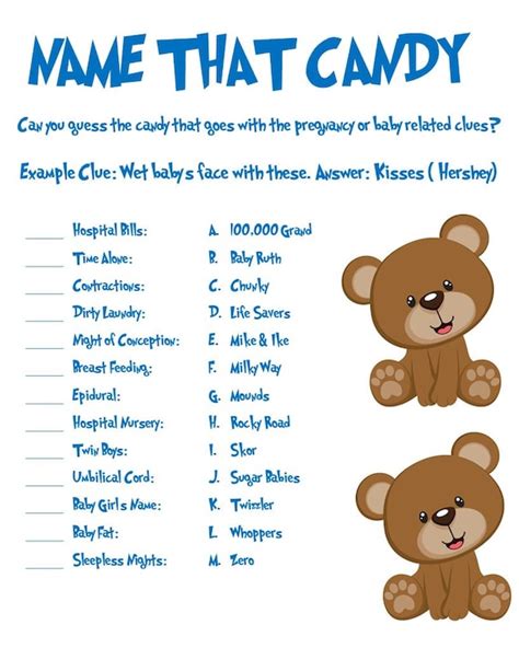 Baby Shower Bear Themed Name That Candy Game - Etsy