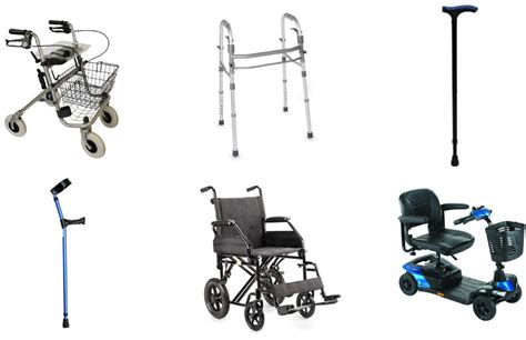 Commonly used mobility aids (left to right, top to bottom): rollator ...