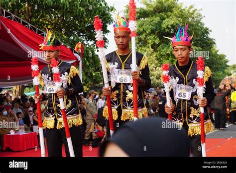 Stilts (festival egrang) carnival to celebrate Indonesian independence day at simpang lima gumul ...