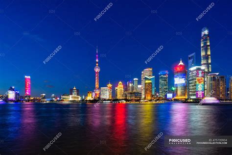 City skyline at night, Shanghai, China — horizontal, illuminated ...