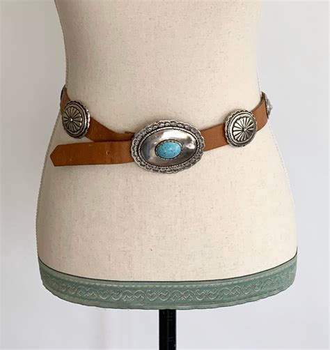 Western Leather Concho Belt Vintage Distressed Brown Leather Faux Turquoise Heavy Solid Weight ...