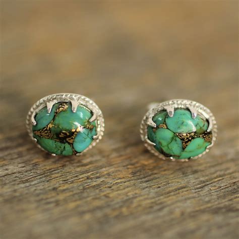 Green Composite Turquoise Stud Earrings in Sterling Silver - Morning in Green | NOVICA