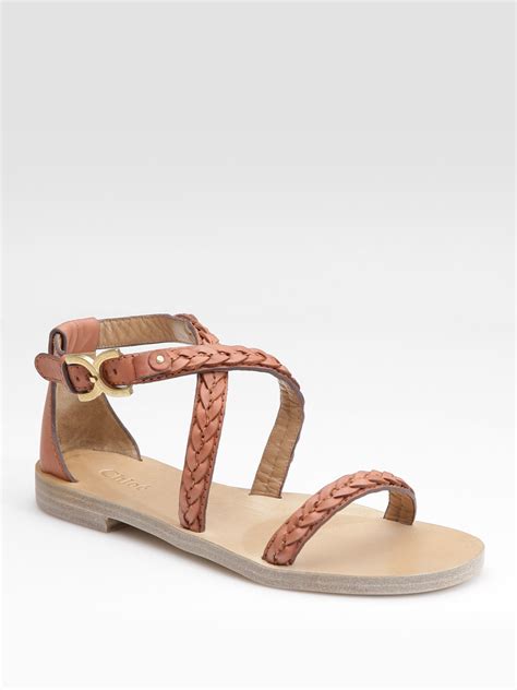 Chloé Braided Leather Flat Sandals in Brown | Lyst