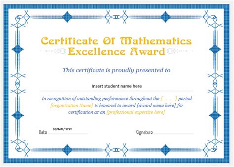 Mathematics Excellence Award Certificates | Professional Certificate ...