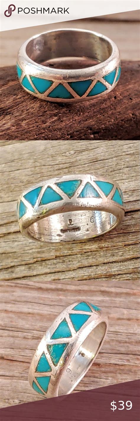 Sterling Navajo Inlaid Zig Zag Turquoise Ring Band | Turquoise rings ...