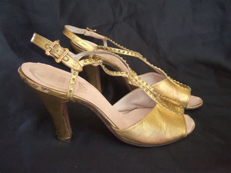 Vintage 1950s Delman gold leather diamante t-bar evening shoes sandals ...