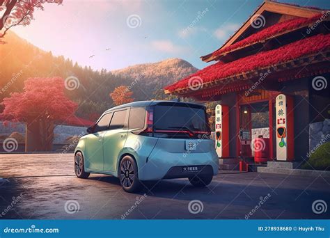 Small Electric Car MiniEV Charging at a Station in the City or Countryside Stock Illustration ...