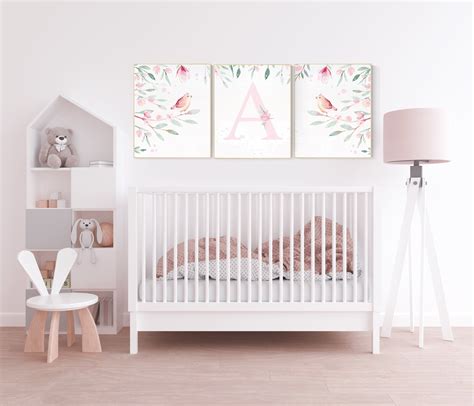 Baby girl wall decor, Girl nursery decor, bird nursery wall art, floral ...