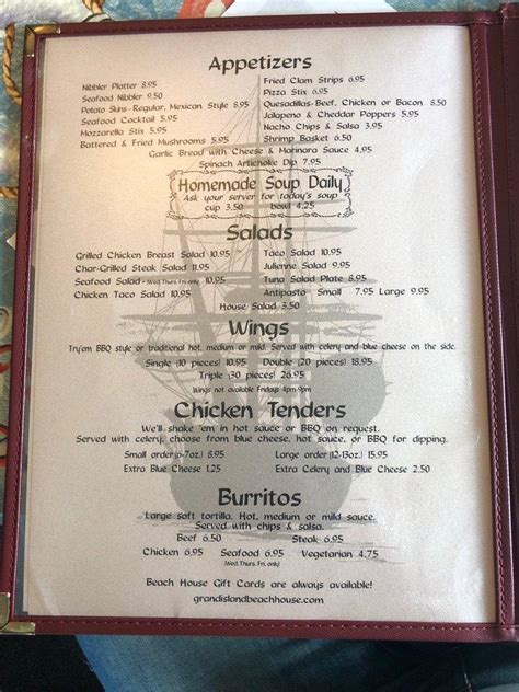 Menu at The Beach House Restaurant, Grand Island