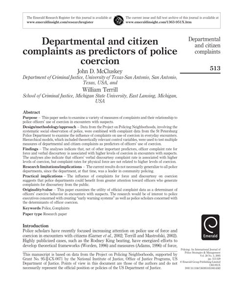 (PDF) Departmental and citizen complaints as predictors of police coercion