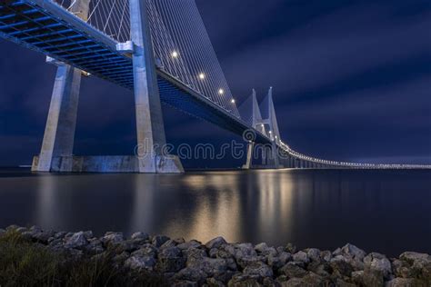 Vasco Da Gama Bridge at Night in Lisbon, Portugal Stock Image - Image ...