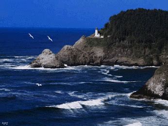 some birds are flying over the water and rocks in front of an island with a light house on it