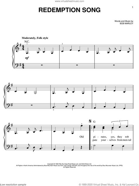 Redemption Song, (easy) sheet music for piano solo (PDF)