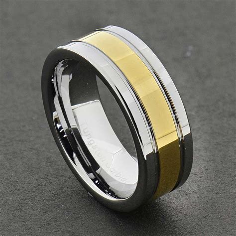 Tungsten Carbide Center Gold Strip Inlay Grooved Edge Ring Mens Wedding Band | eBay