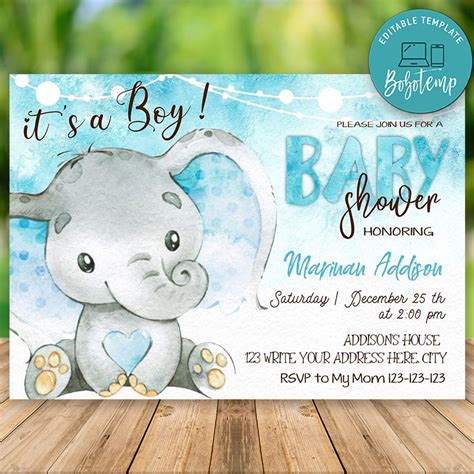 Editable Elephant Baby Shower Invitation For Boy Instant Download ...