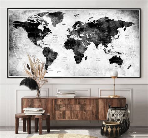 Black and White Large World Map Push Pin Executive Style Gift Wall Poster, Detailed Home and ...