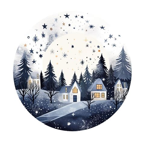 Christmas Winter Illustration With Holiday Houses, Moon, Night Sky ...