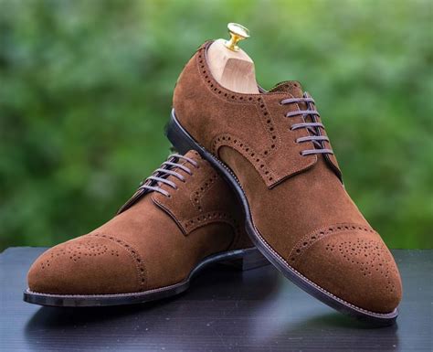 Handmade Brown Suede Lace Up Shoes, Men's Cap Toe Brogue Dress Shoes - Dress/Formal