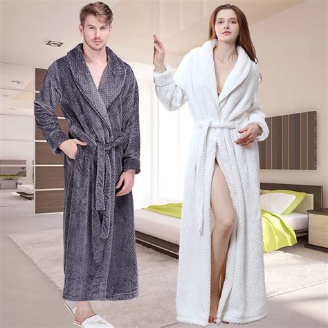 Women Winter Extra Long Thick Grid Flannel Bath Robe Soft Peignoir Sexy Warm Dressing Gown Men ...