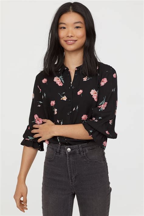 H&M Floral Shirt | Print blouse outfit, Online shopping clothes women, Black blouse outfit