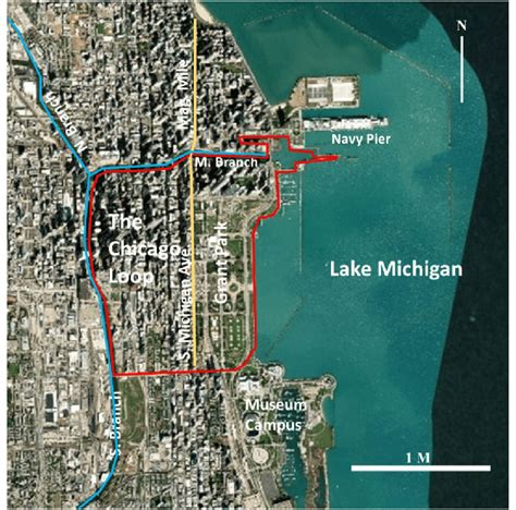 Map illustrates major components of the Chicago's CBD. The blue line ...