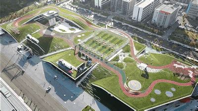 an aerial view of a green roof park