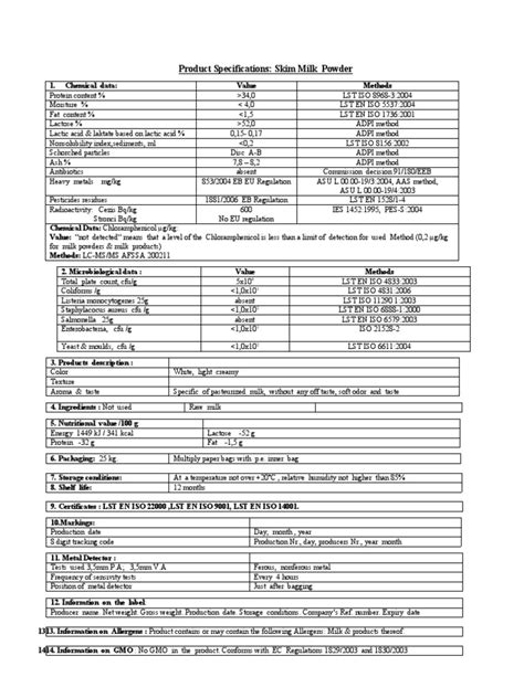 Product Specifications: Skim Milk Powder | PDF | Milk | Nutrition