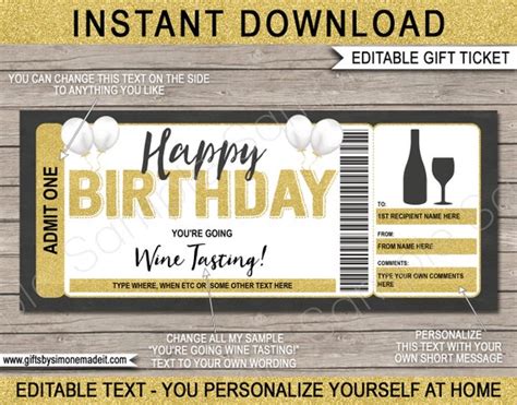 Wine Tasting Ticket Template Gift Certificate Voucher Card Printable - Birthday Gift - Winery ...