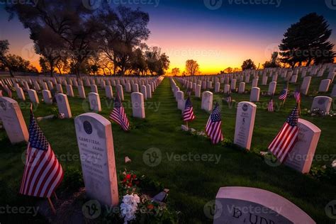 American flag waving next to a grave at the American Cemetery and Memorial. Neural network AI ...