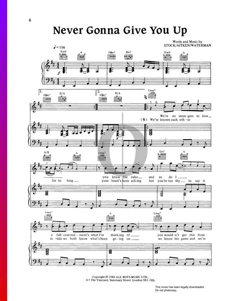 Rick Astley Never Gonna Give You Up Sheet Music Notes, Chords Download Printable Piano, Vocal ...