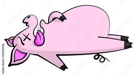 Cartoon style illustration of a cute, dead pig character lying flat on its back with its mouth ...